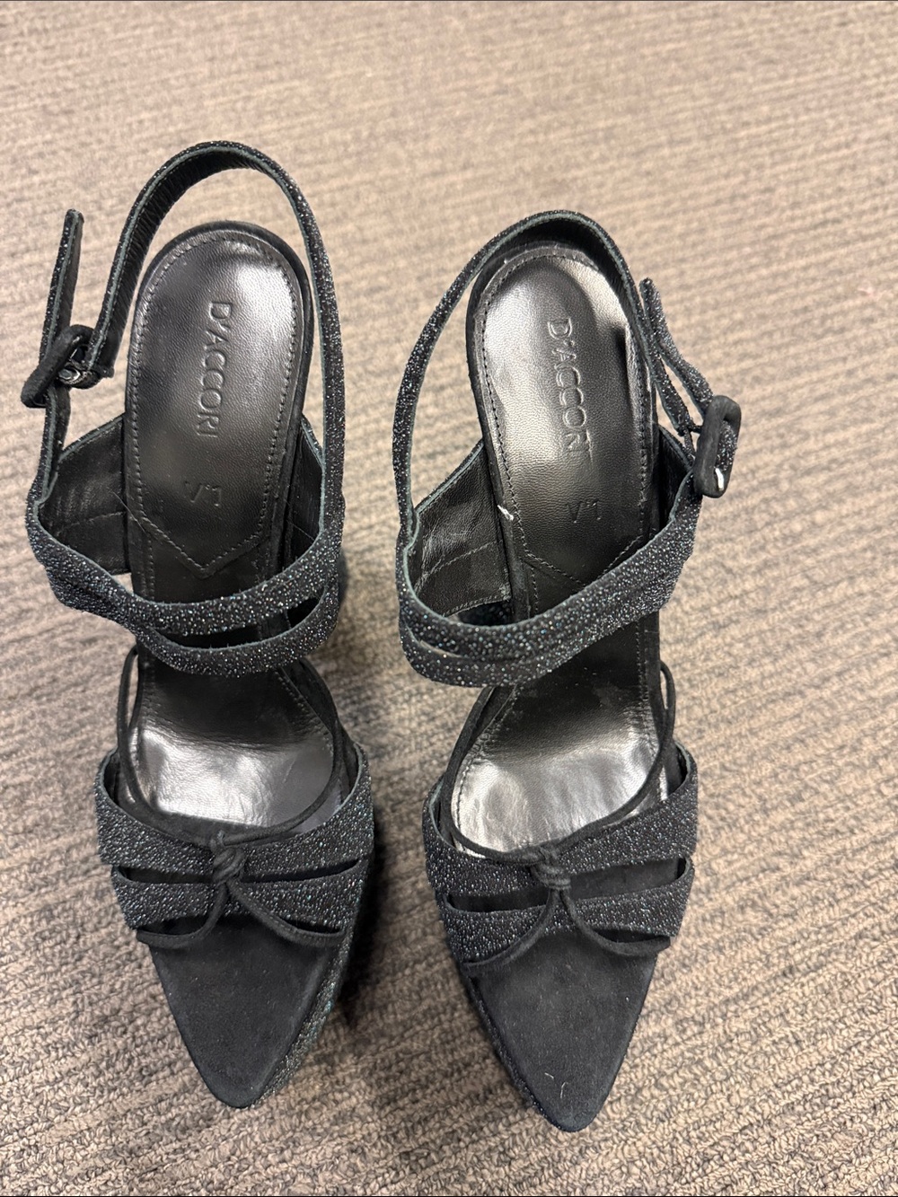D'Accori Black Glitter Strappy Pointed-Toe Heels